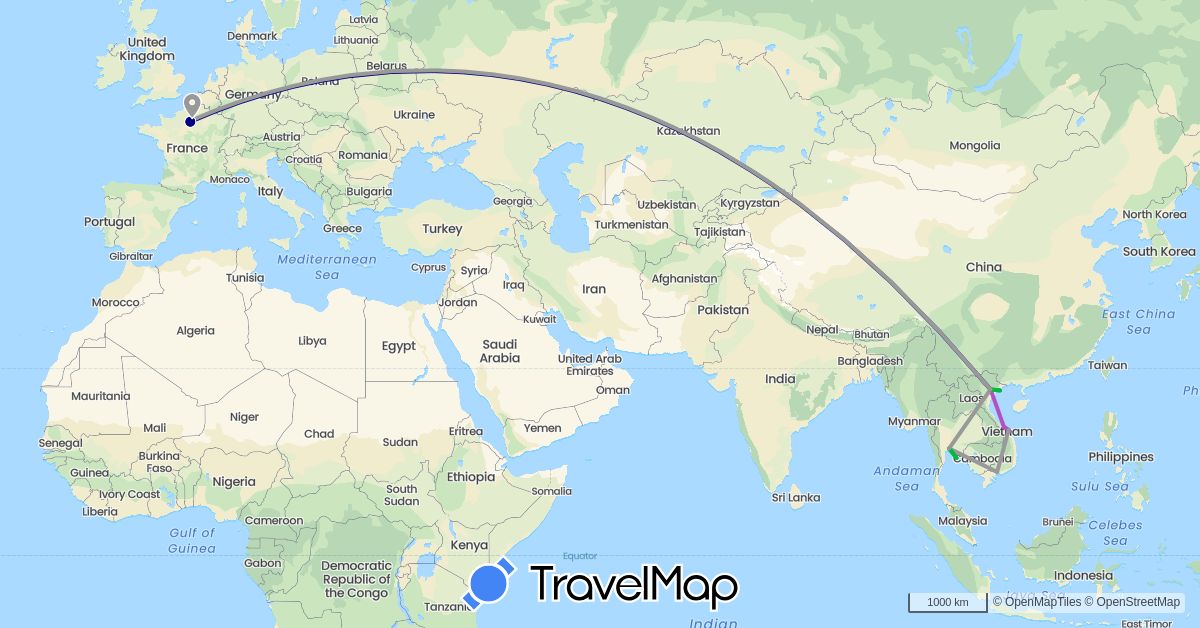 TravelMap itinerary: driving, bus, plane, train in France, Thailand, Vietnam (Asia, Europe)